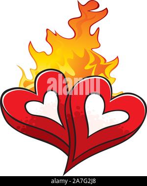 Fire of love over hot beloved hearts isolated on white Stock Vector