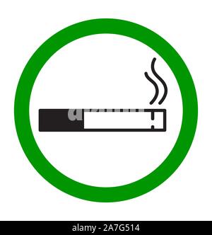 Smoking area sign. Cigarette with smoke icon in green circle. Isolated illustration on white background. Stock Vector