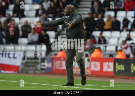 Sunderland, UK. 02nd Nov, 2019. Southend United manager Sol Campbell during the Sky Bet League 1 match between Sunderland and Southend United at the Stadium Of Light, Sunderland on Saturday 2nd November 2019. (Credit: Steven Hadlow | MI News)Photograph may only be used for newspaper and/or magazine editorial purposes, license required for commercial use Credit: MI News & Sport /Alamy Live News Stock Photo