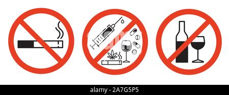 Sign forbidden drugs in red crossed out circle on white background. No smoking, no drugs, no vaping and no alcohol. Isolated vector illustration. Stock Vector