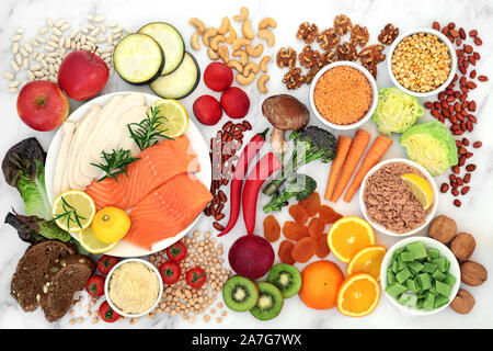 Low GI health food for diabetics with foods high in vitamins, minerals, anthocyanins, protein, antioxidants, smart carbs & omega 3 fatty acids. Stock Photo