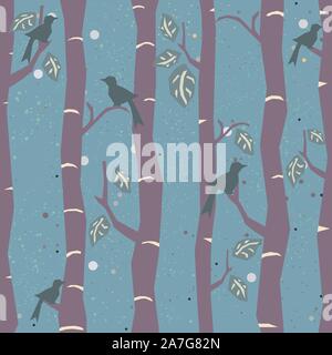 Seamless Tree Pattern with big birds and leaves. Vector Illustration. Stock Vector