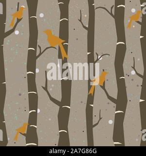 Seamless Tree Pattern with big birds and leaves. Vector Illustration. Stock Vector