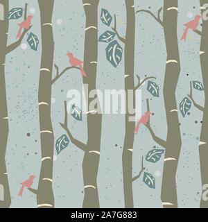 Seamless Tree Pattern with big birds and leaves. Vector Illustration. Stock Vector