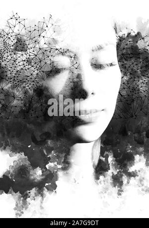 Double exposure. Paintography. Portrait of a beautiful young female model disappearing behind black ink painting and interconnected lines and dots, on Stock Photo