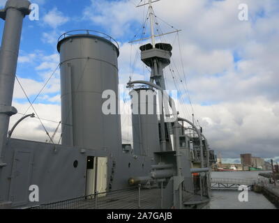 Close-up of the funnels of HMS Caroline, a popular heritage attraction where you can tour this WW1 warship moored at Alexandra Dock  in Belfast. Stock Photo