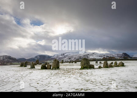 Snow at Castlerigg Stone Circle in the Lake District National Park, Cumbria, England. Stock Photo