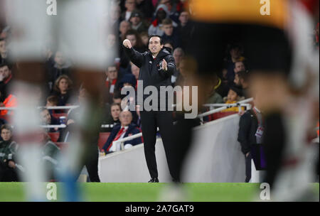 London, UK. 02nd Nov, 2019. Unai Emery (Arsenal manager) at the Arsenal v Wolverhampton Wanderers English Premier League game at The Emirates Stadium, UK on November 2, 2019. **Editorial use only, license required for commercial use. No use in betting, games or a single club/league/player publications** Credit: Paul Marriott/Alamy Live News Stock Photo