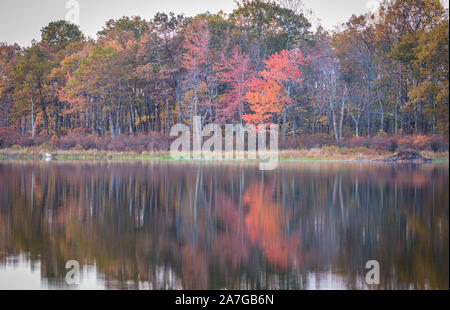 Vibrant fall foliage reflects off calm and peaceful Steenykill Lake at High Point State Park, NJ Stock Photo