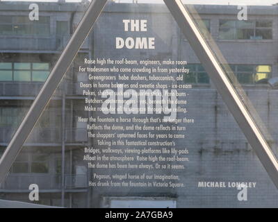 An inscription called 'The Dome' by Michael Longley is engraved in one of the panels of the geodesic dome at Belfast's Victoria Gate shopping centre. Stock Photo