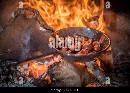 A frying pan over an open fire, with blackened fresh roasted chestnuts.  Stock Photo by Mint_Images