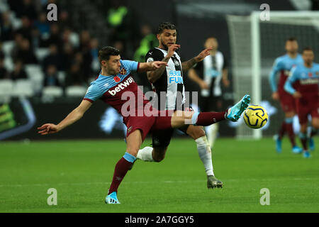London, UK. 02nd Nov, 2019.  West Ham's Aaron Cresswell and Newcastle's DeAndre Yedlin during the Premier League match between West Ham United and Newcastle United at the Boleyn Ground, London on Saturday 2nd November 2019. (Credit: Leila Coker | MI News) Photograph may only be used for newspaper and/or magazine editorial purposes, license required for commercial use Credit: MI News & Sport /Alamy Live News Credit: MI News & Sport /Alamy Live News Stock Photo