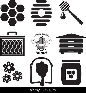 vector bee icon isolated on white background.flat bumblebee logo  cartoon. honey bee simple illustration. natural orhanic honey text Stock Vector