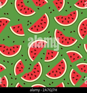 vector watermelon seamless background pattern. watermelon slices and watermelon seeds isolated on green seamless background Stock Vector