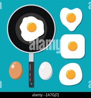 vector collection of whole eggs, fried eggs and frying pan isolated on blue background. chicken egg icons Stock Vector