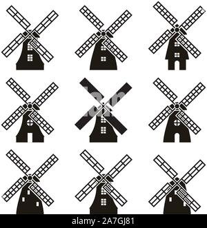 vector set of black and white windmill icons isolated on white background. holland wind mill symbol for agricultural background. energy saving windmil Stock Vector
