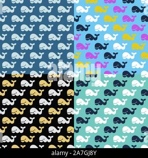 vector set of whale seamless patterns. simple drawing of happy colorful whales with sea waves Stock Vector