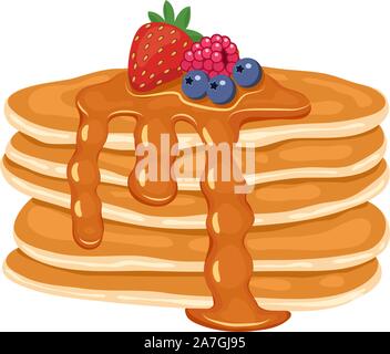 vector pancake stack isolated on white background. pile of pancakes with strawberry, raspberry and blueberry berries, honey and butter on top. morning Stock Vector
