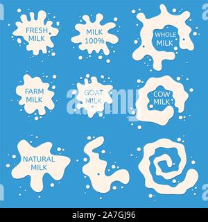 vector milk splash collection, white splashes isolated on blue background, design for dairy product illustration with text about milk Stock Vector