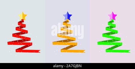 vector christmas holiday background for greeting cards with trees made of red, yellow and green ribbon, stars and snow. winter holiday decoration for Stock Vector
