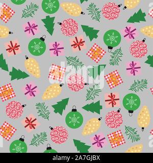 vector seamless winter background with christmas balls, gift boxes, pine cones, pine tree sprigs and christmas tree symbols. seamless pattern for happ Stock Vector