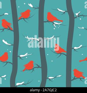 vector seamless repeating pattern with birds and trees. winter season decoration with red bird symbols, tree trunks and snow for happy new year and me Stock Vector