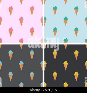 vector seamless patterns with icecream cones. colorful cartoon background with wafer icecream cones. ice cream paper seamless wrapping design Stock Vector