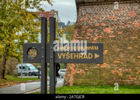 Prague Czech Republic, 02 of November 2019 - Vysehrad entrance sign during autumn after rain Stock Photo