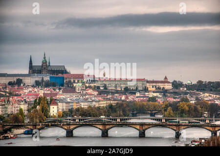 Prague Czech Republic, 02 of November 2019 - Prague Castle over bridges during autumn after rain Stock Photo