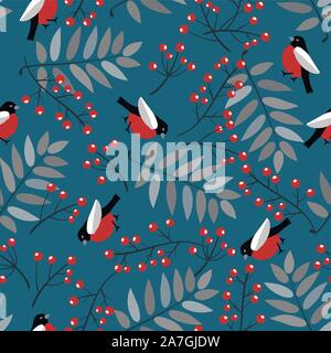 vector seamless background with bullfinch birds, red berries and leaves of mountain ash tree. nature wallpaper pattern for paper.wrapping and textile Stock Vector