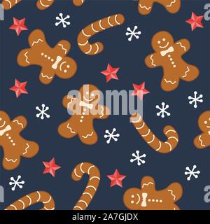 vector seamless christmas  background with gingerbread cookies, stars and snowflakes. seamless winter pattern for happy new year and merry christmas i Stock Vector