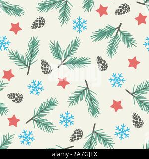 vector seamless christmas background with pine cones, snowflakes, pine tree sprigs and red stars. winter seamless pattern for happy new year and merry Stock Vector