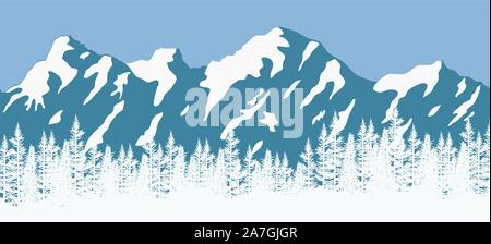 vector pine forest background pattern. abstract blue and white panorama of nature landscape with evergreen coniferous trees and mountain silhouettes. Stock Vector