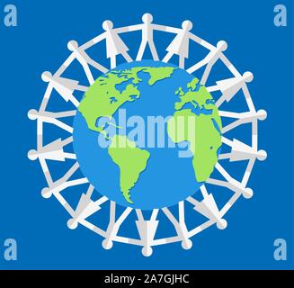 vector illustration of people around the world, peace, friendship or travel concept. earth globe surrounded by a chain of people. world globalism logo Stock Vector