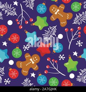 vector seamless christmas  background with gingerbread cookies, snowflakes,red berries and christmas balls isolated on blue background.. seamless wint Stock Vector