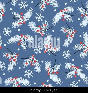 vector seamless christmas background with snowflakes, pine tree sprigs and ted berries. winter seamless pattern for happy new year and merry christmas Stock Vector