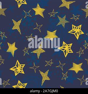 vector seamless star background. yellow and blue winter illustration. abstract seamless pattern with stars of different shapes, snowflakes and dots Stock Vector