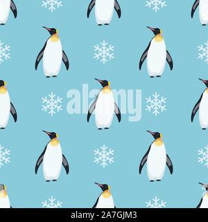 vector seamless winter pattern with penguin birds and snowflakes. cartoon character of polar penguin isolated on blue background. seamless repeating t Stock Vector