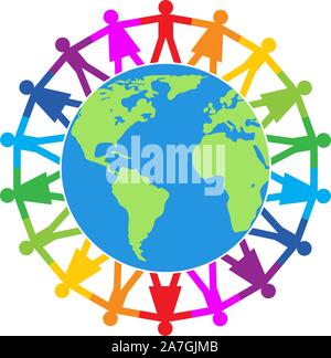 vector colorful illustration of people around the world, peace, friendship or travel concept. earth globe surrounded by a chain of people. world diver Stock Vector