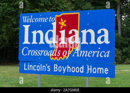 Indiana, USA - September 22, 2019: Welcome to Indiana Sign at the Indiana state border Stock Photo