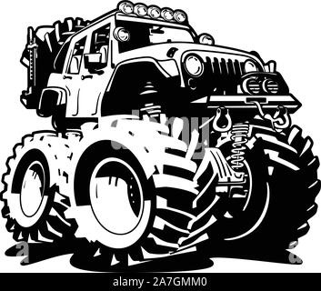 4x4 Off Road Black and White Cartoon Isolated Vector Illustration Stock Vector