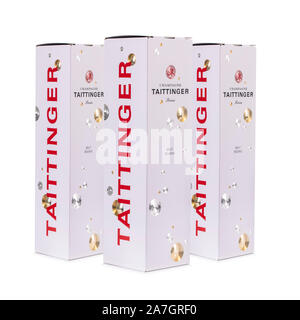 SWINDON, UK - OCTOBER 27, 2019:  Three Bottles of Taittinger Brut Champagne in presentation boxes Stock Photo