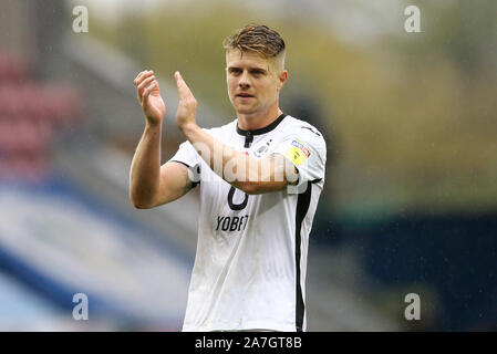 Wigan, UK. 02nd Nov, 2019. Jake Bidwell of Swansea City celebrates the win at the end of the game. EFL Skybet championship match, Wigan Athletic v Swansea city at the DW Stadium in Wigan, Lancashire on Saturday 2nd November 2019. this image may only be used for Editorial purposes. Editorial use only, license required for commercial use. No use in betting, games or a single club/league/player publications. pic by Chris Stading/Andrew Orchard sports photography/Alamy Live news Credit: Andrew Orchard sports photography/Alamy Live News Stock Photo