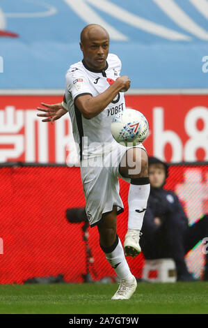 Wigan, UK. 02nd Nov, 2019. Andre Ayew of Swansea City in action. EFL Skybet championship match, Wigan Athletic v Swansea city at the DW Stadium in Wigan, Lancashire on Saturday 2nd November 2019. this image may only be used for Editorial purposes. Editorial use only, license required for commercial use. No use in betting, games or a single club/league/player publications. pic by Chris Stading/Andrew Orchard sports photography/Alamy Live news Credit: Andrew Orchard sports photography/Alamy Live News Stock Photo