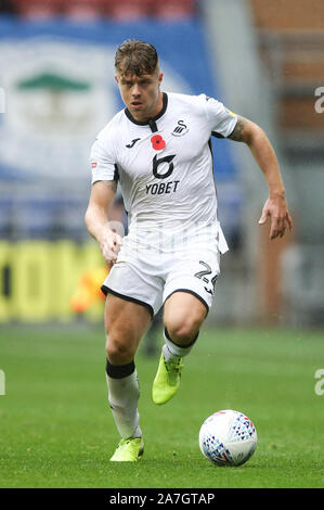 Wigan, UK. 02nd Nov, 2019. Jake Bidwell of Swansea City in action. EFL Skybet championship match, Wigan Athletic v Swansea city at the DW Stadium in Wigan, Lancashire on Saturday 2nd November 2019. this image may only be used for Editorial purposes. Editorial use only, license required for commercial use. No use in betting, games or a single club/league/player publications. pic by Chris Stading/Andrew Orchard sports photography/Alamy Live news Credit: Andrew Orchard sports photography/Alamy Live News Stock Photo