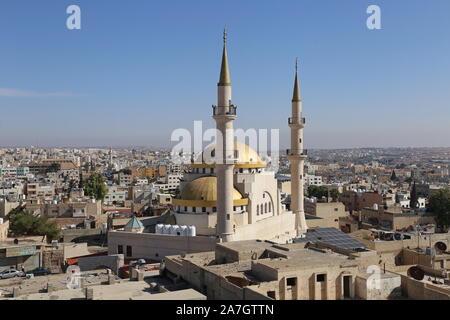 King Hussein Mosque at dawn from the Roof Terrace, Roof Terrace, St John Hotel, King Talal Street, Madaba, Madaba Governorate, Jordan, Middle East Stock Photo