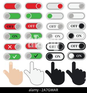 Vector illustration On Off sliders and hands icon set isolated on white background. Stock Vector