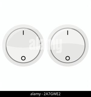 Vector white round switch on off buttons set isolated on white background, flat design cartoon style illustration Stock Vector