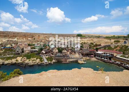Il-Mellieha, Malta - September 5, 2019: Colorful Popeye Village view. The Popeye Village at Achor Bay is the most popular Tourist attraction in Malta. Stock Photo