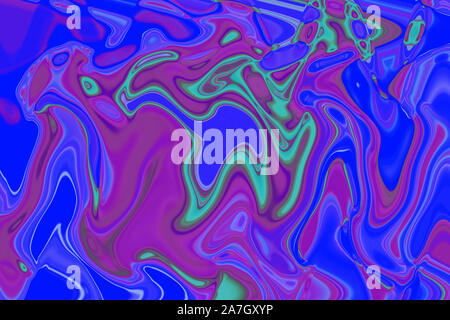 Acrylic painting Marble texture Mixed neon purple and cyan paints on wet paper Stock Photo